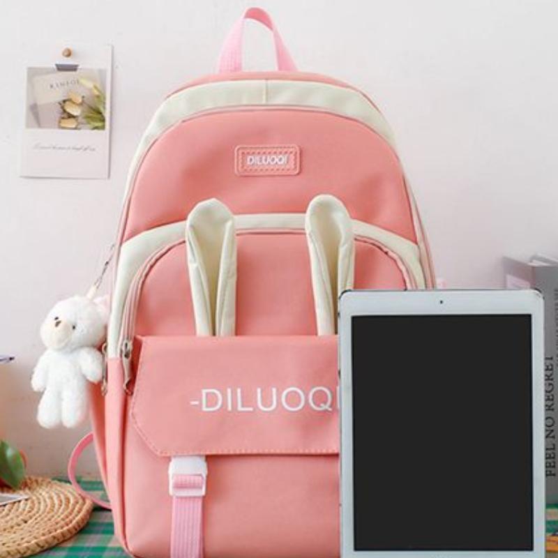 Autumn New Canvas Backpack Women's Korean Version Large Capacity Five-Piece Set Middle School Student Backpack College Student