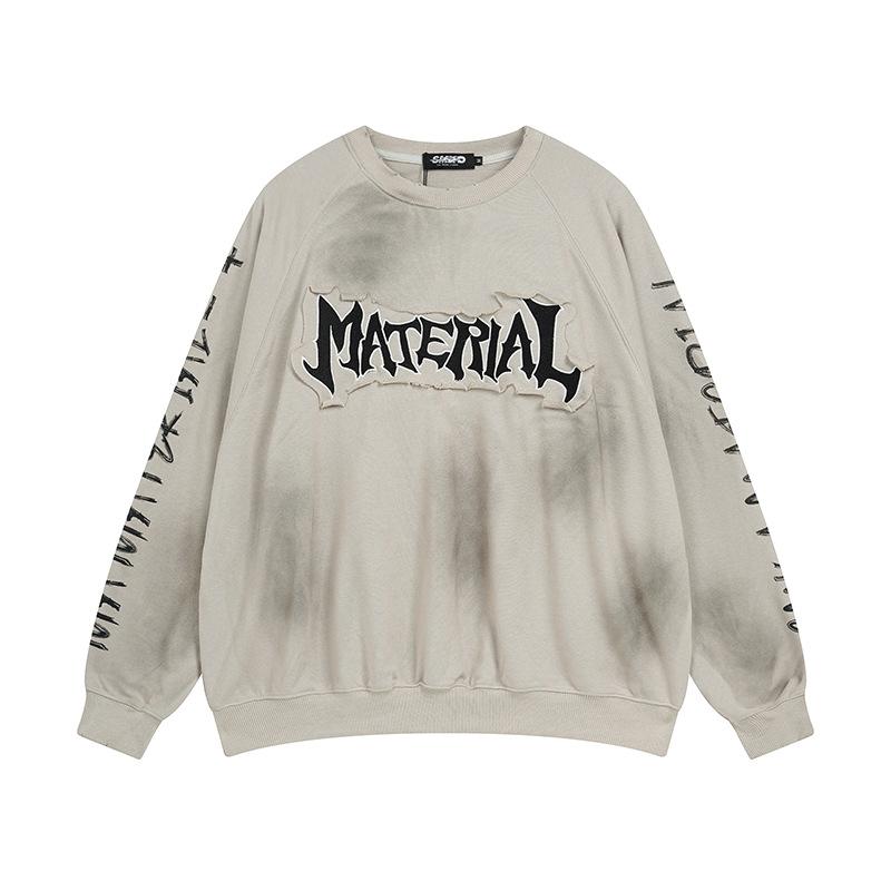 Men s wasteland-style American street fashion brand washed dirty dye patch embroidered crewneck sweatshirt M