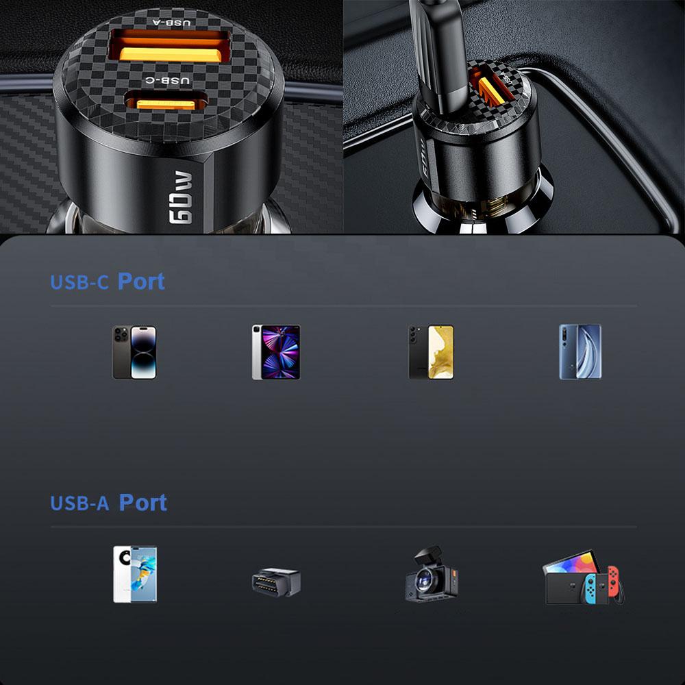 Car Charger Fast Charging PD 60W QC3.0 USB C Car Phone Charger Type C Adapter in Car for IPhone 1413 12 Xiaomi 13 12