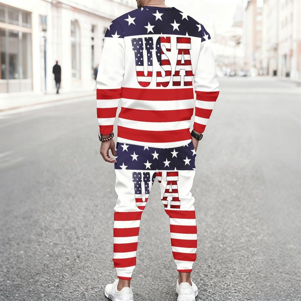 Men Sunflower Skull Flag Print Long Sleeve Sweatshirt And Drawstring Jogger Pants Casual Two Piece Streetwear Outfit