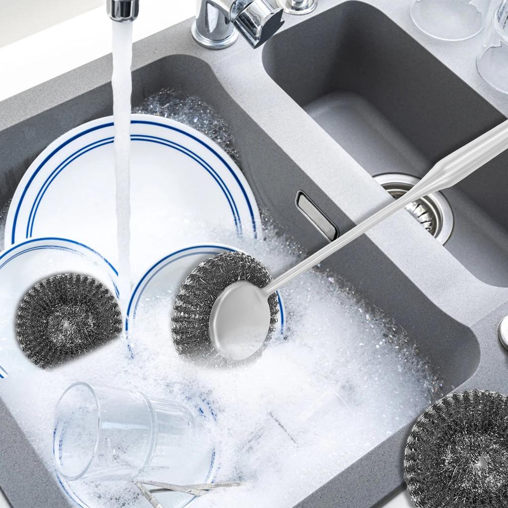Steel Wool Scrubber with Handle & Replacement Stainless Wire Metal Sponge, for Cleaning Dishes Pan Cast Iron Pot and Kitchenware