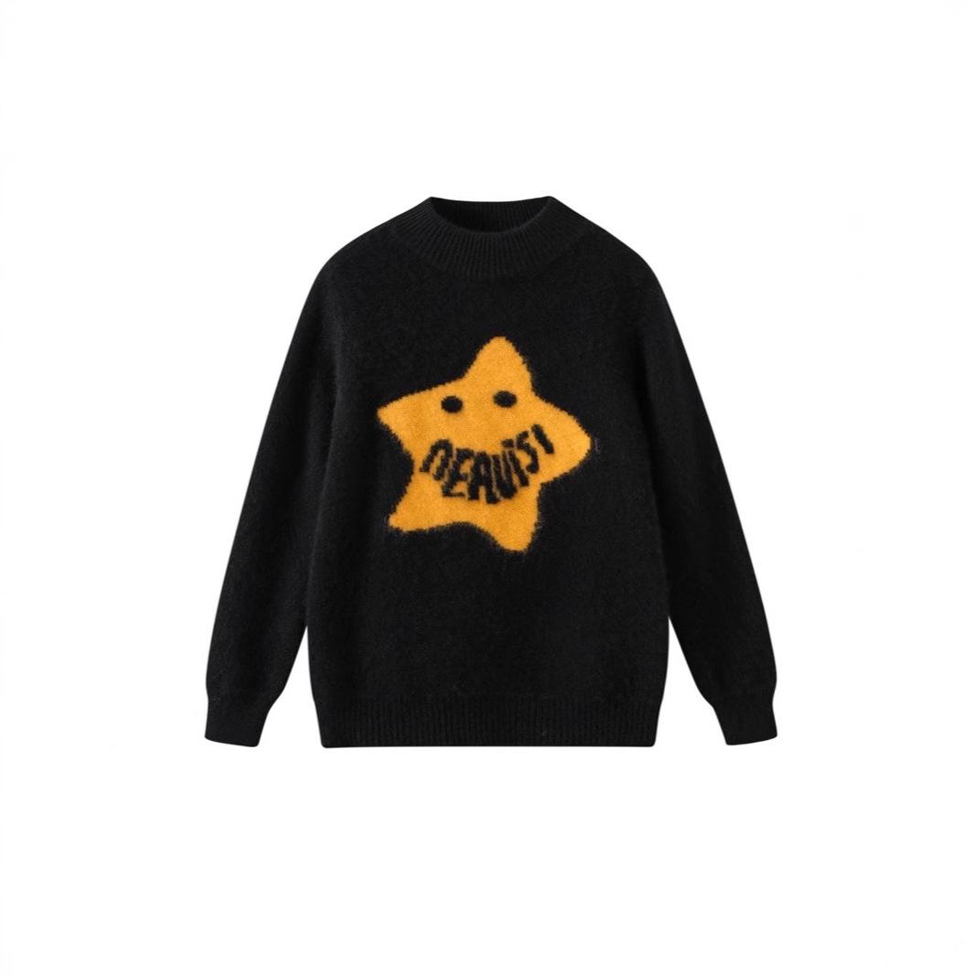 

Детский шерстяной свитер – Черный мультяшный дизайн, Высокий воротник, 100% чистая шерсть, Пуловер для осени/зимы 120 cm чёрный