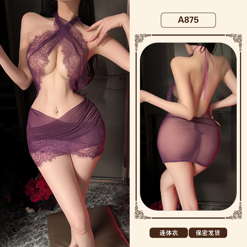 Sexy underwear women's sexy tight neck lace secretary uniform soft yarn hip skirt nightdress set A