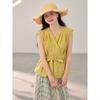 [] Design sense retro V-neck strap shirt women's summer new sleeveless pleated vest NC