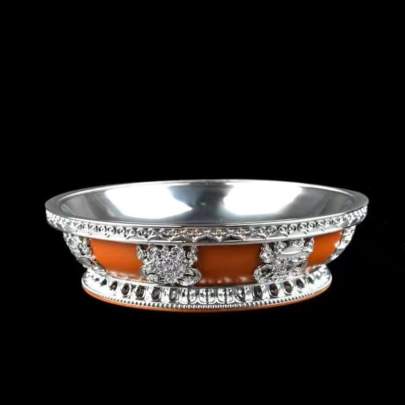 Buddhism Stainless Steel Resin Fruit Dish Auspicious Tibetan Sculpture Tribute Plate Buddhist Tray Desktop Home Gift Decorative