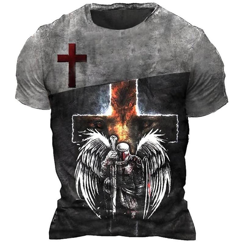 Knights Templar Print Vintage Men's T-shirt Summer  Casual Men Clothing Oversized Tops Short Sleeve Tees Casual O-Neck T Shirts