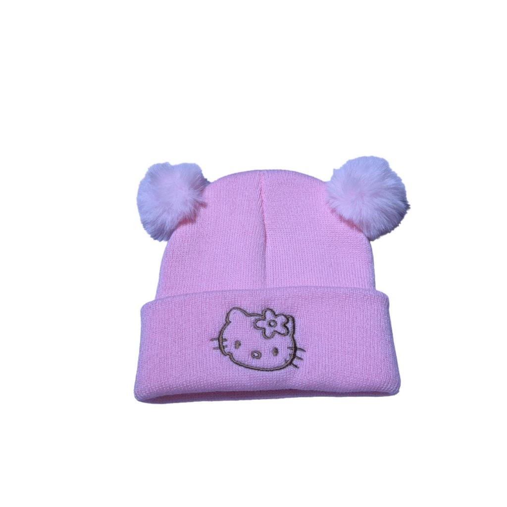 Kuromi Cartoon Cat Wool Knit Hat for Children - Cute and Warm Embroidered Kitten Pullover Hat.