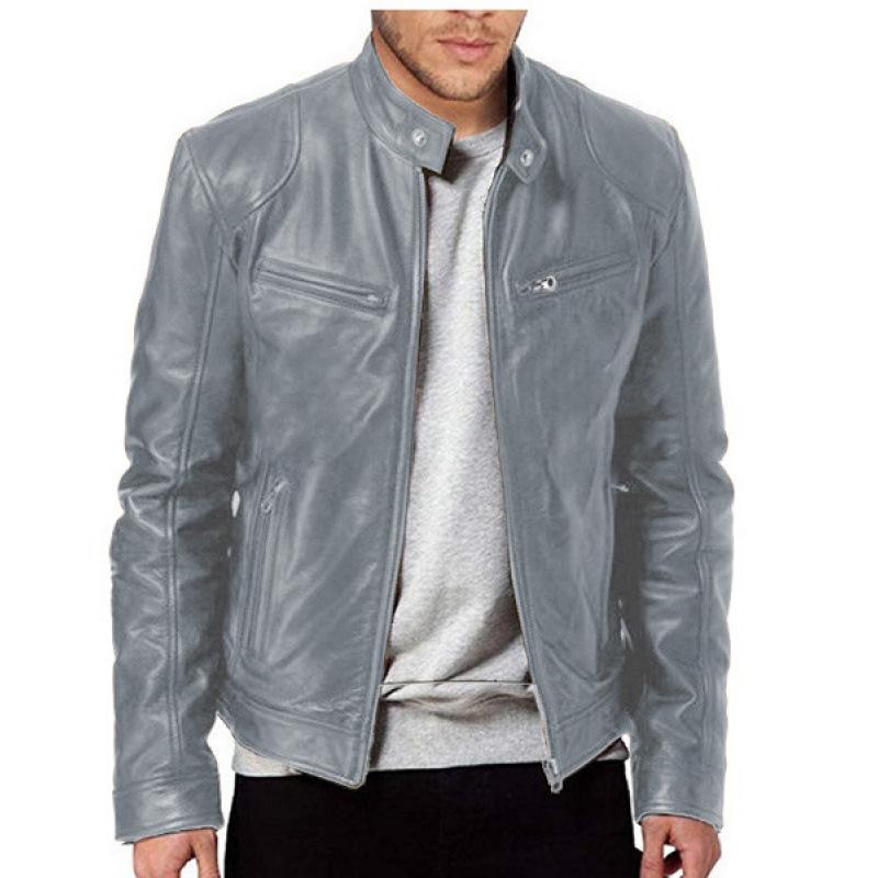 Men Stand Collar Punk Motorcycle Leather Jacket Casual Outerwear For Young Men