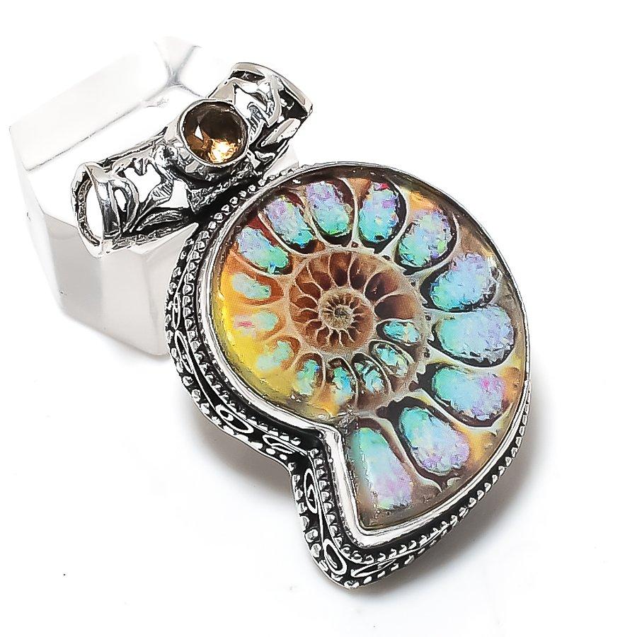 

Натуральный ископаемый аммонит, Топаз 925 стерлинговое серебро Ювелирная подвеска 1,50 W2i13