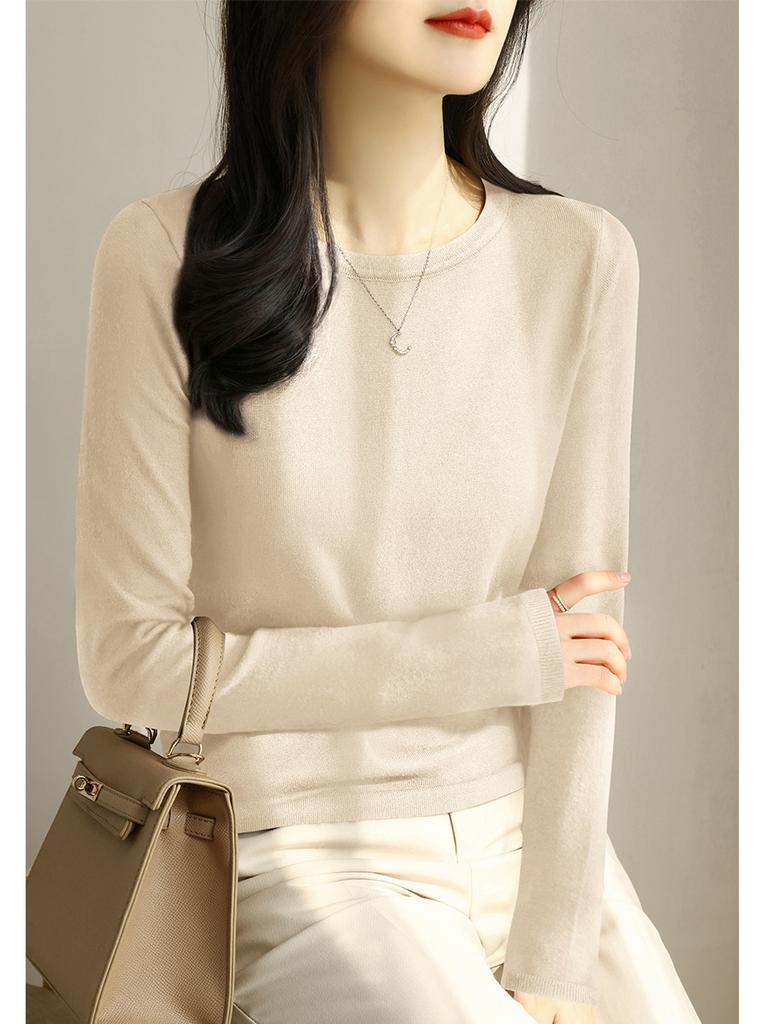 Women Crew Neck Long Sleeve Knit Top Slim Fit Solid Color Basic Layering Sweater For Autumn 2025