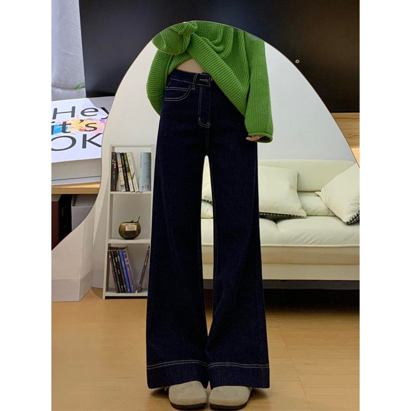 

Denim Blue Flared Jeans for Women, New Spring Style for Plus-Size Girls, Pear-Shaped Body, High-Waisted, Loose Fit, Slimming Straight-Leg Pants Denim blue M