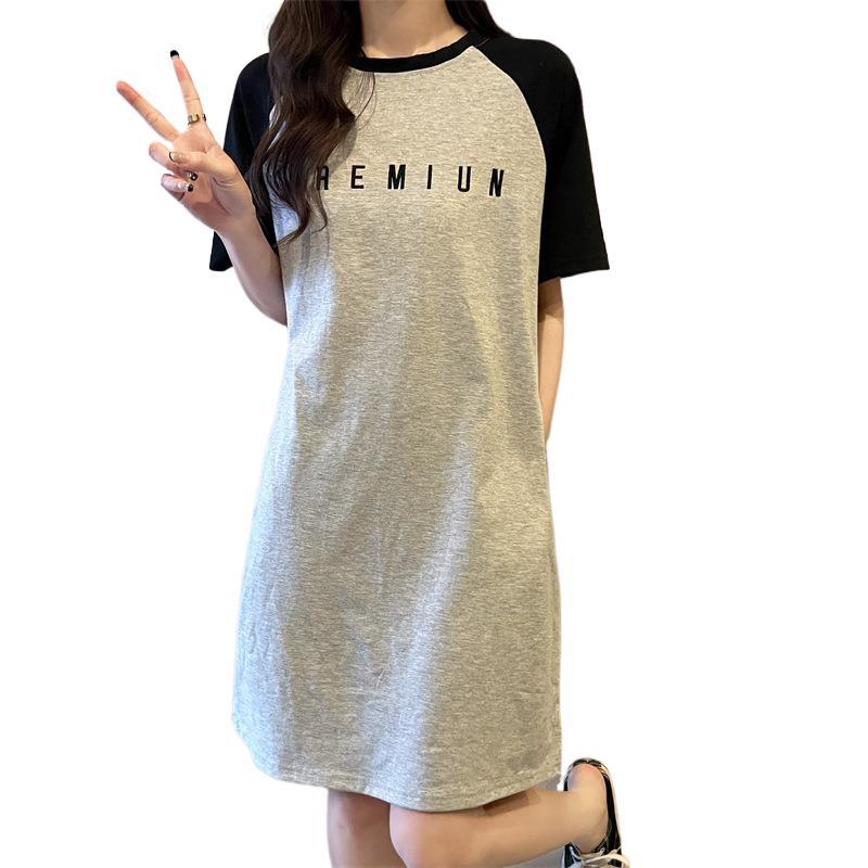 Casual style contrasting color splicing round neck T-shirt summer dress women's short-sleeved letter loose waist bell-shaped mid-skirt