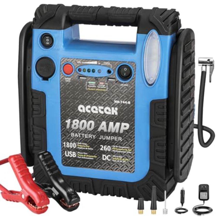 1800A Car Jump Starter with Air Compressor 20000mAh 12V Battery Pack Booster 6.0L Gas/Diesel 260 PSI Tire Pump Multi-Function J