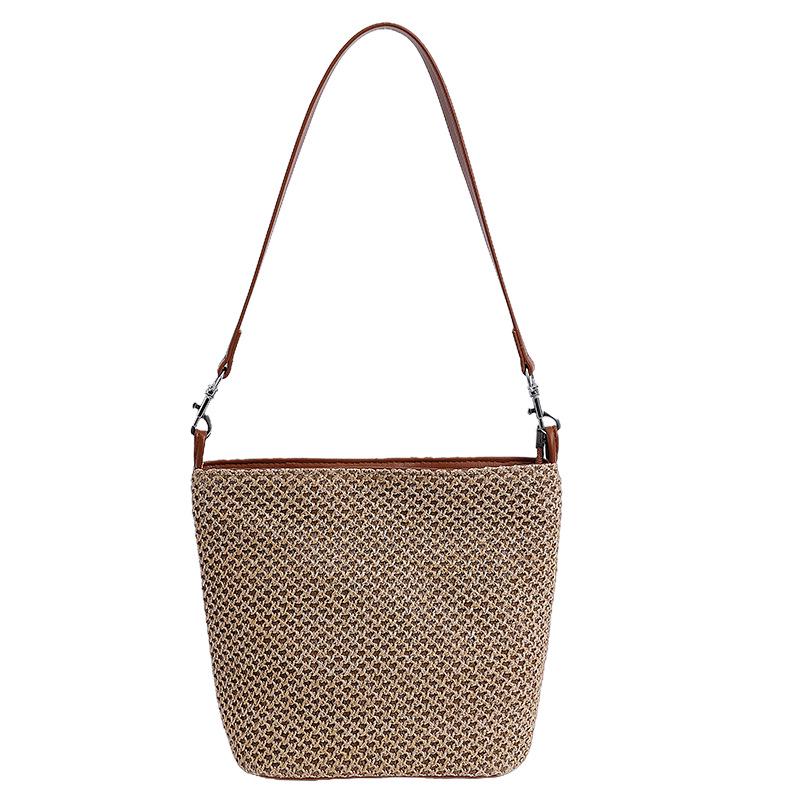 Autumn & Winter 2025 Rainbow Striped Straw Braided Shoulder Bag - Minimalist Women's Beach Bucket Bag