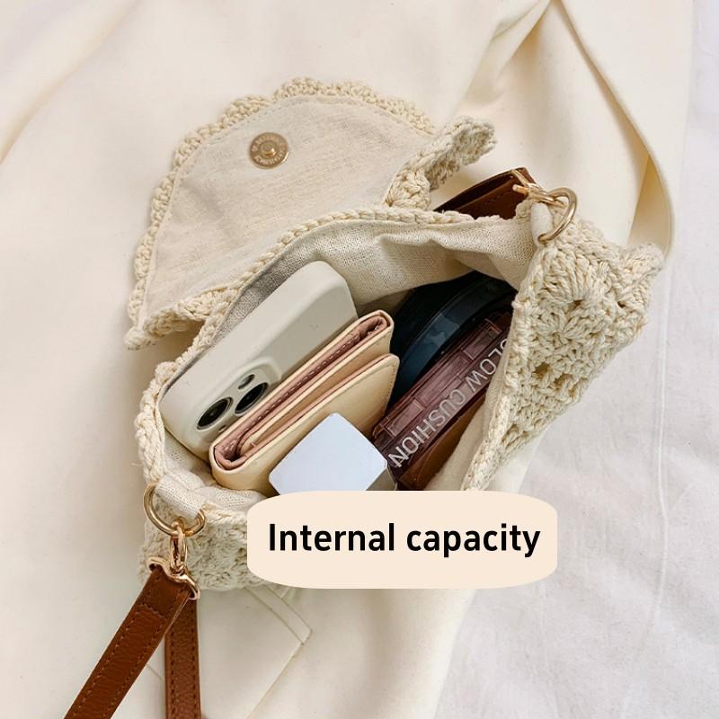 Geantă de umăr țesătă goală la modă pentru femei, din bumbac, lucrată manual, cu flori de croșetat, geantă de vară, pe plajă, cu buton