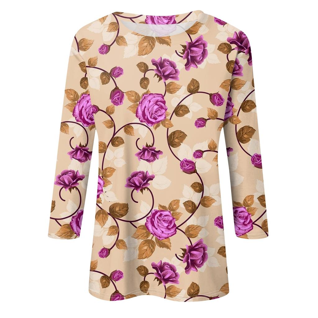 Dámské módní ležérní tričko s kulatým výstřihem a tříčtvrtečním rukávem s potištěným tričkem