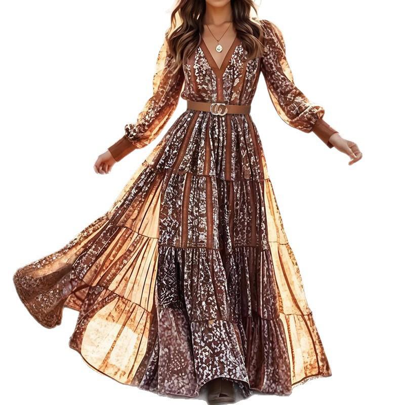 Womens Long Bohemian V-Neck Floral Print A-Line Dress Casual Beach