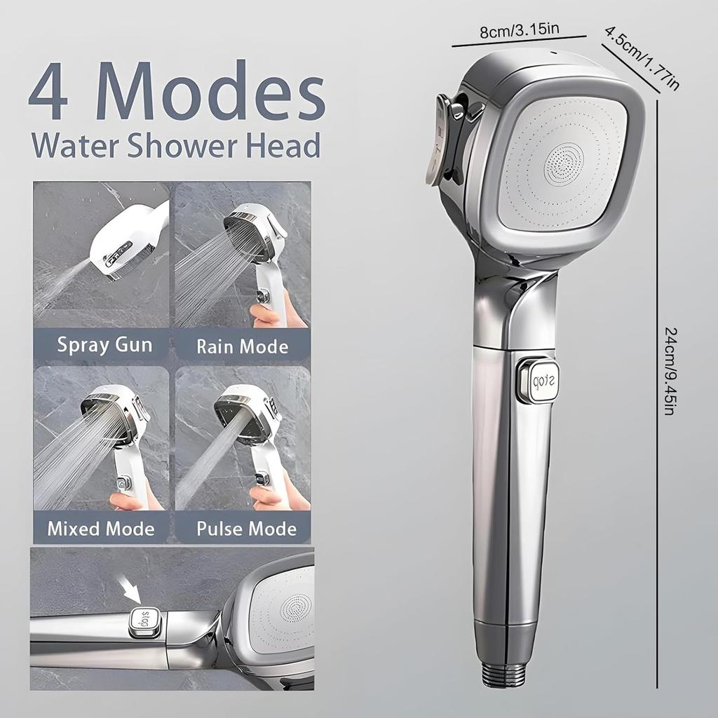 4-mode Handheld Pressurized Shower Head with Pause Switch, Anti-clog Nozzles, Built-in Power Wash to Clean Tub, Tile & Pets, Easy Installation, Hose