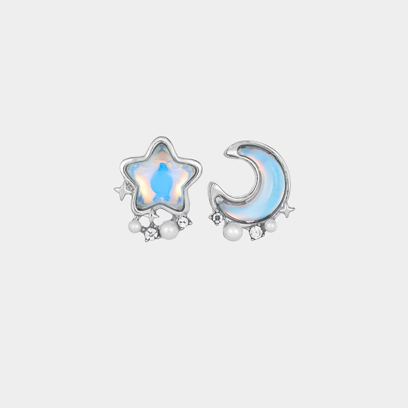 Blue Star Moon Pearl Ear Clips Women's No Ear Piercings Fresh and Sweet Asymmetrical Earrings Niche Design Square Round Face Earrings