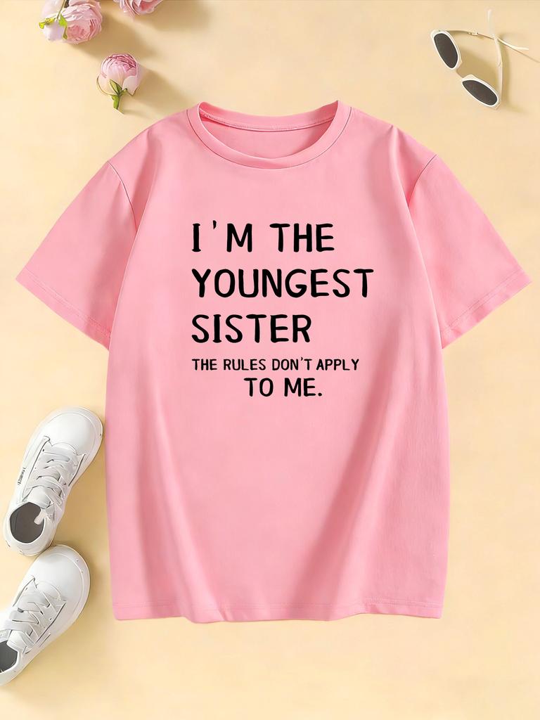 Y2k Casual Hoodies Girls' Cute "I'm The Youngest Sister" Graphic Letter Print Kids 's T-shirt Girls Summer Spring Top Tee
