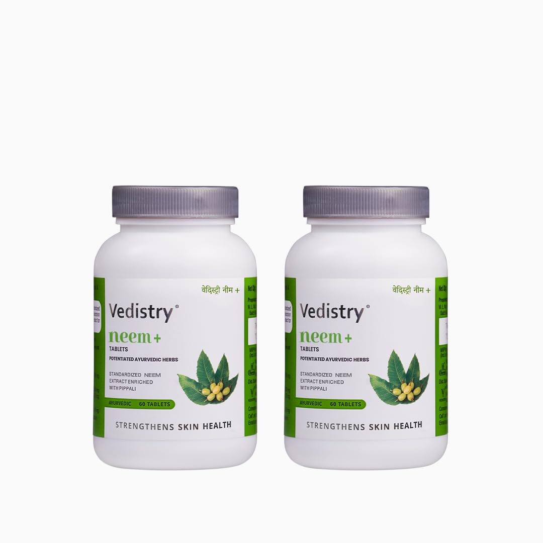 

Vedistry Neem+ Ayurvedic Tablets for Skin & Blood Purifier | Detox, Immunity & Clear Healthy Skin – 60 Tablets Pack of 2