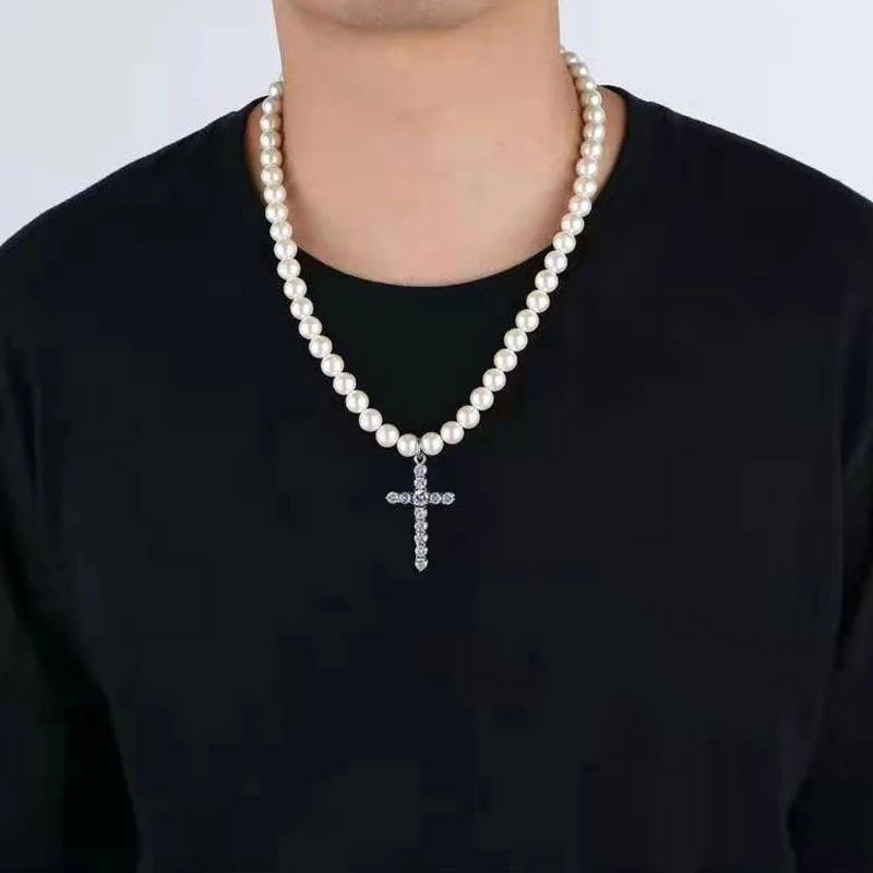 Men s Retro Faux Pearl and Rhinestone Cross Necklace - Simple Fashion Jewelry