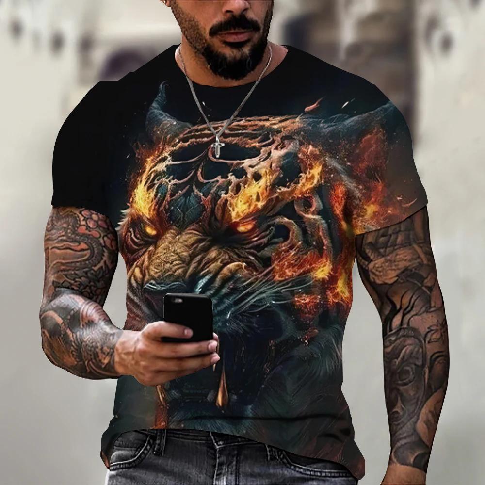 Tiger Fighting Animal Beast Fierce 3d Print T Shirt Summer Men's Short Sleeve Tops Tees Men's Designer T-shirts
