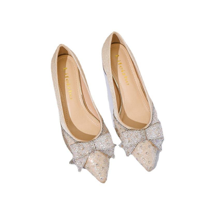 French Pointed Single Shoes Women's 2025 Spring and Autumn Boat Shoes Shallow Fairy Shoes Gentle Thick Heel Large Size Women's Shoes 41-43