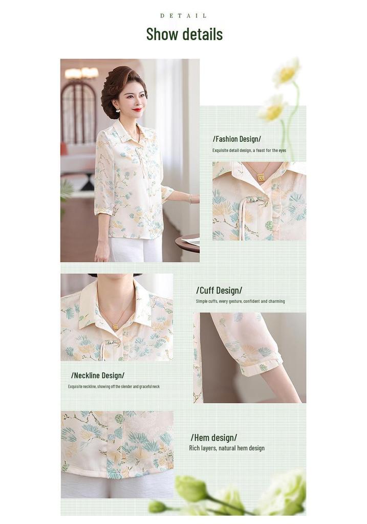 Elegant Summer Seven-Sleeve Printed Shirt for Mature Women, Stylish Lapel Thin Top