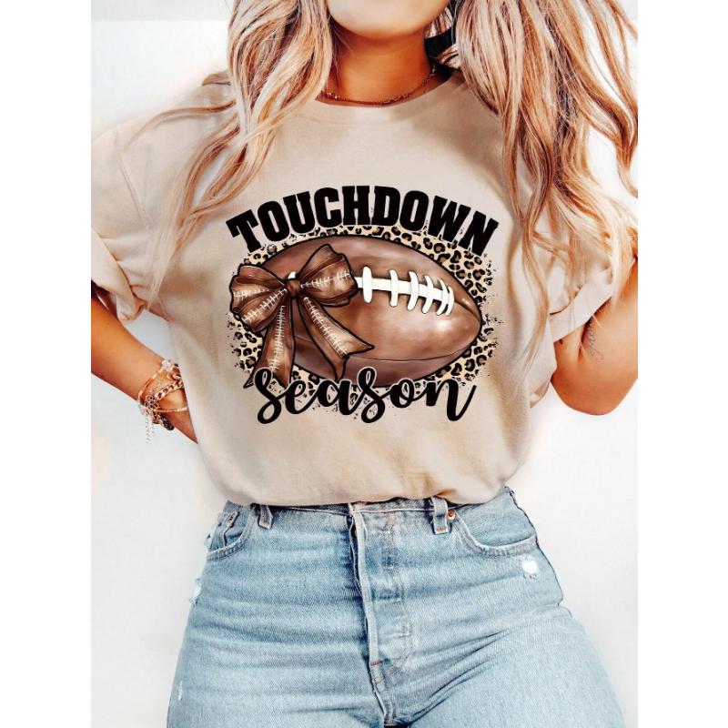 Women's Casual Round Neck Short Sleeve Olive Green Football Letter Print T-Shirt