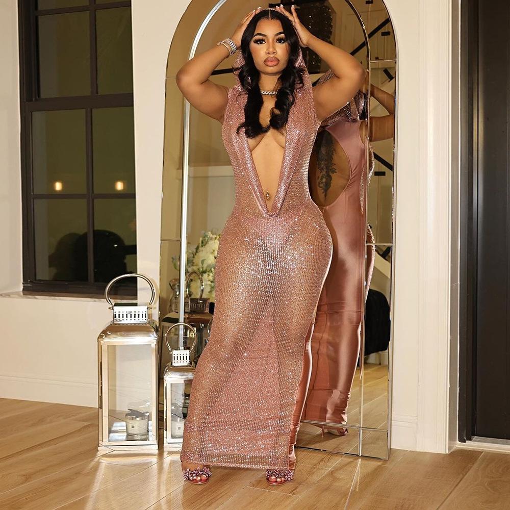 

CY901151 Elegant Deep V Sequin See-Through Long Dress for Women X-Large рожевий