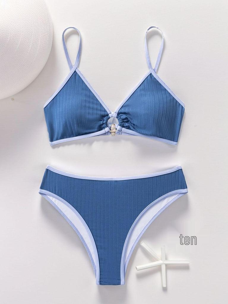 2024 Ribbed Solid Triangle Cup Sexy Backless Bikini Swimsuit