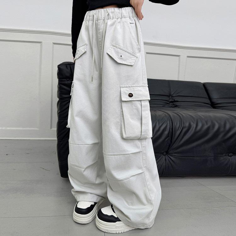 Girls' Wide-Leg Cotton Work Pants with Big Pockets - Autumn 2026 Style for Medium to Large Children, Casual Straight-Leg Long Pants