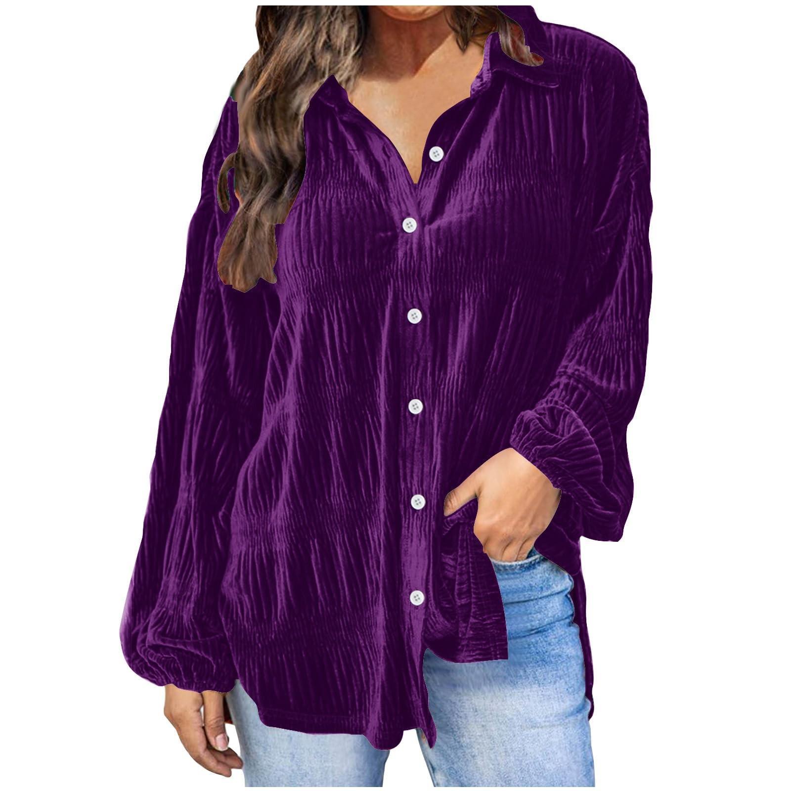 

Женские свободные модные универсальные золотые бархатные однотонные топы с длинными рукавами повседневная рубашка XXL фиолетовый