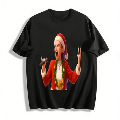 Christmas Rock Singer Print Top Unisex Loose Casual Long Sleeve T-shirt For Fall Winter Holiday Pure Cotton T-shirt