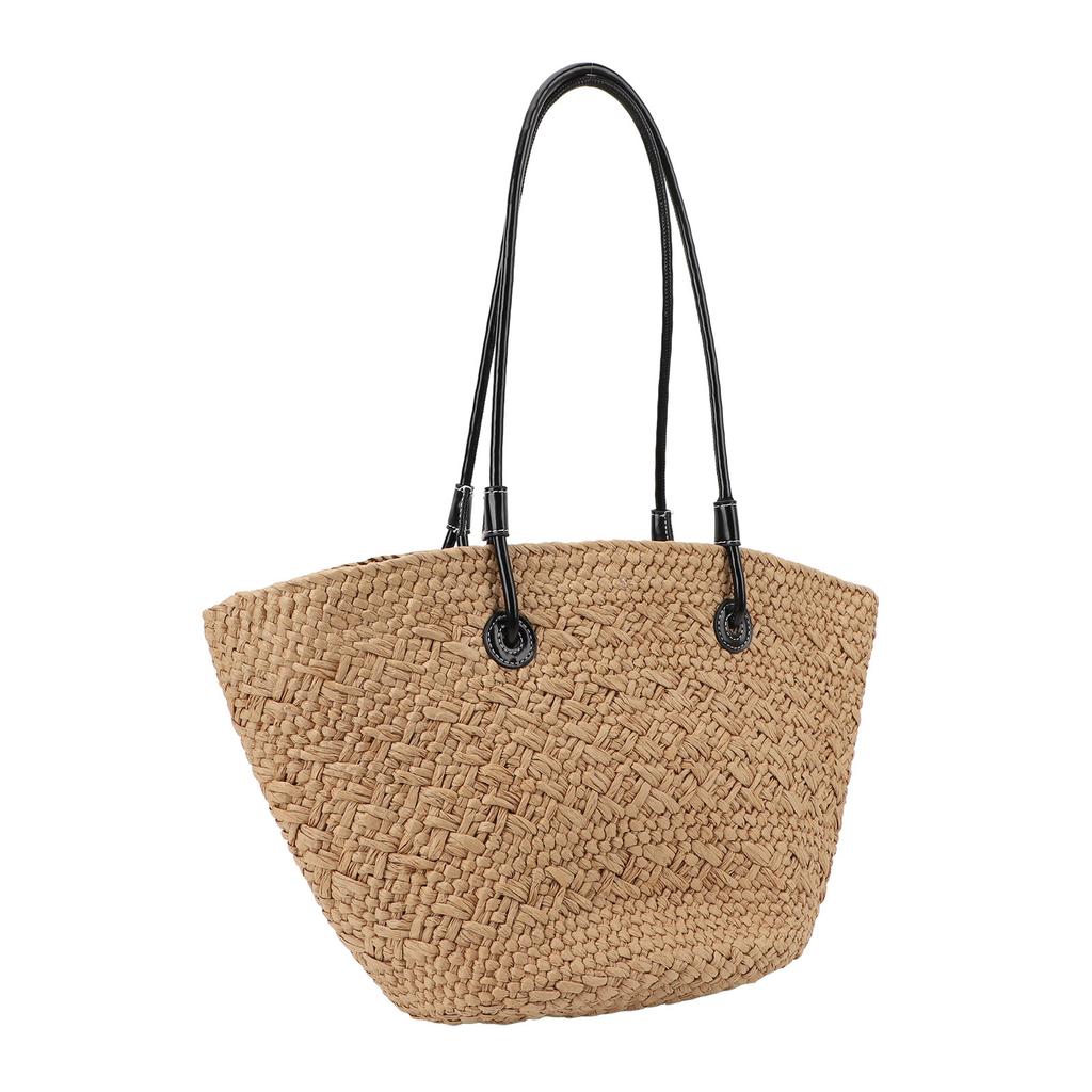Woven Beach Bag Khaki Stylish Simple Handmade Eco Friendly Large Capacity Straw Shoulder Bag for Outdoor Shopping