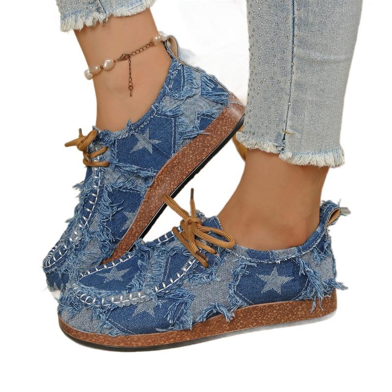 Plus-size Color-blocked Shallow Lace-up Casual Single Shoes Women's Platform Printed Foot Slippers Lazy Muffin Shoes Breathable