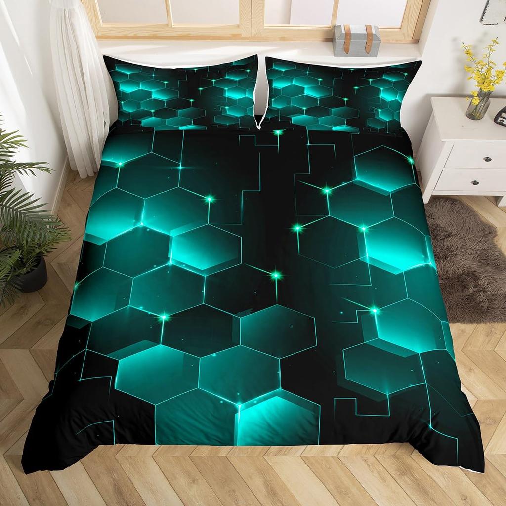 Blue Purple Honeycomb Soft Duvet Cover Fluorescent Geometric Honeycomb Beding Set Behive Hexagon Warm Comforter Cover for Young Boys Young Girls