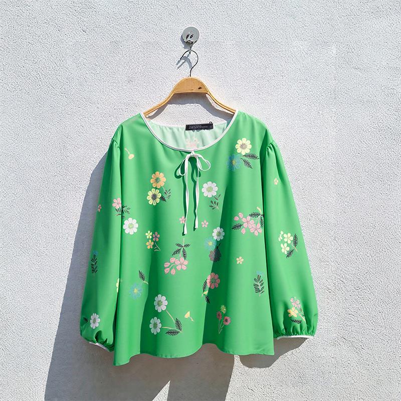 

ZANZEA Женская повседневная блузка с круглым вырезом и длинным рукавом с цветочным принтом XL зелёный