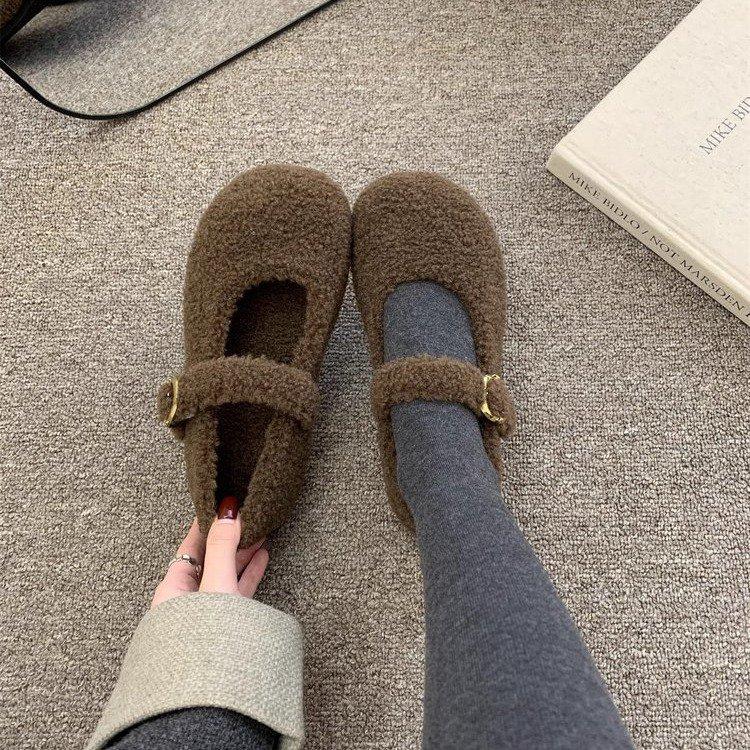 Inner height increase Mary Jane wool shoes women's 2025 new one-pedal lazy shoes one-word buckle with lamb wool single shoes