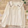 New Autumn Winter Peter Pan Collar Embroidered Shirt for Women Corduroy Ruffle Lace-up Long Sleeve Top
