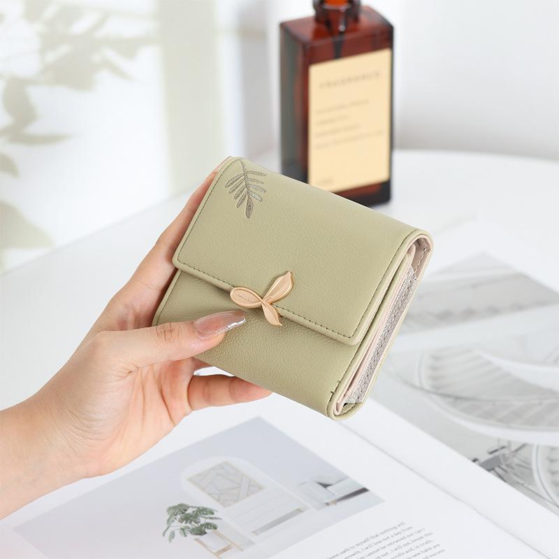 Ladies' Short Leaf Wallet, Embroidered Flower Wallet, Zipper Coin Student Multi functional Change Card Bag
