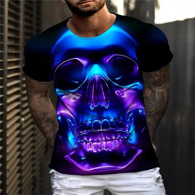 Summer Round Neck 3D Vintage Horror Skull Print Top Fashionable Casual Short Sleeved Men's T-shirts
