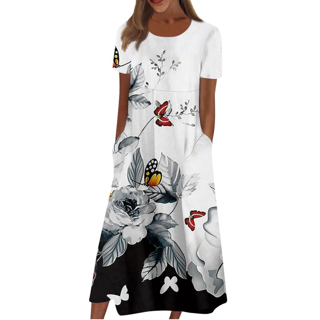 Women's Casual Dresses Printed Dresses Summer Dresses Printed Pleated Round Neck Midi Dresses Basic Classic Outdoor Daily Short Sleeve Loose Dresses