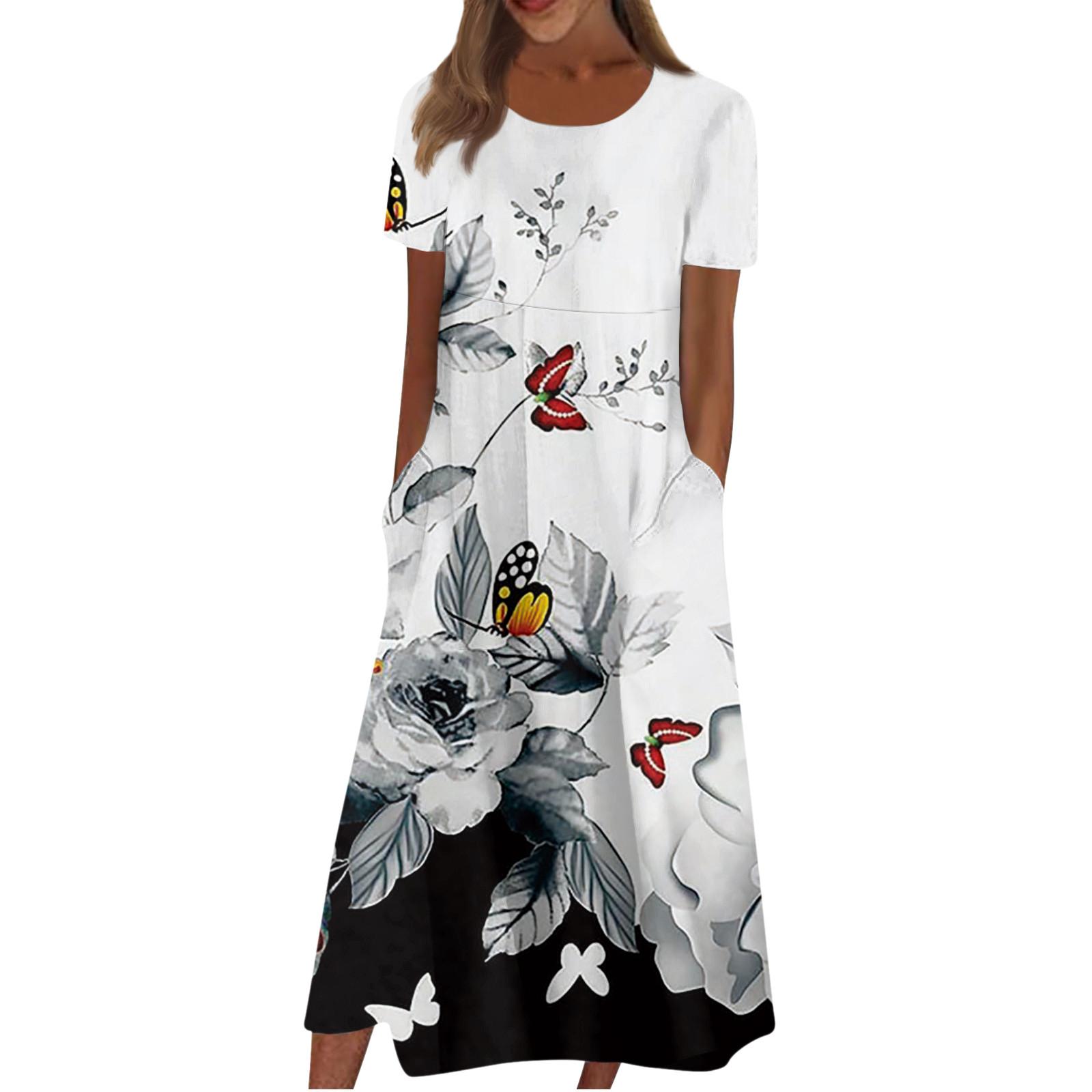 

Women s Casual Dresses Printed Dresses Summer Dresses Printed Pleated Round Neck Midi Dresses Basic Outdoor Daily Short Sleeve Loose Dresses L білий