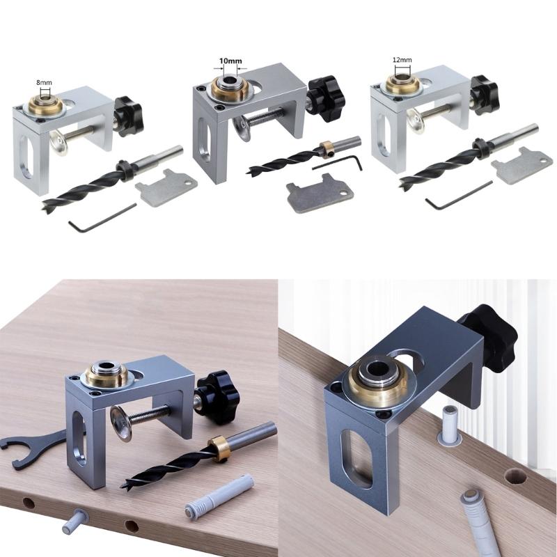 2 In 1 Dowel Jig Woodworking Hole Drill Punch Positioner Guide Locator Cabinet Screws Punch Locator Kit 8/10/12mm Sleeve