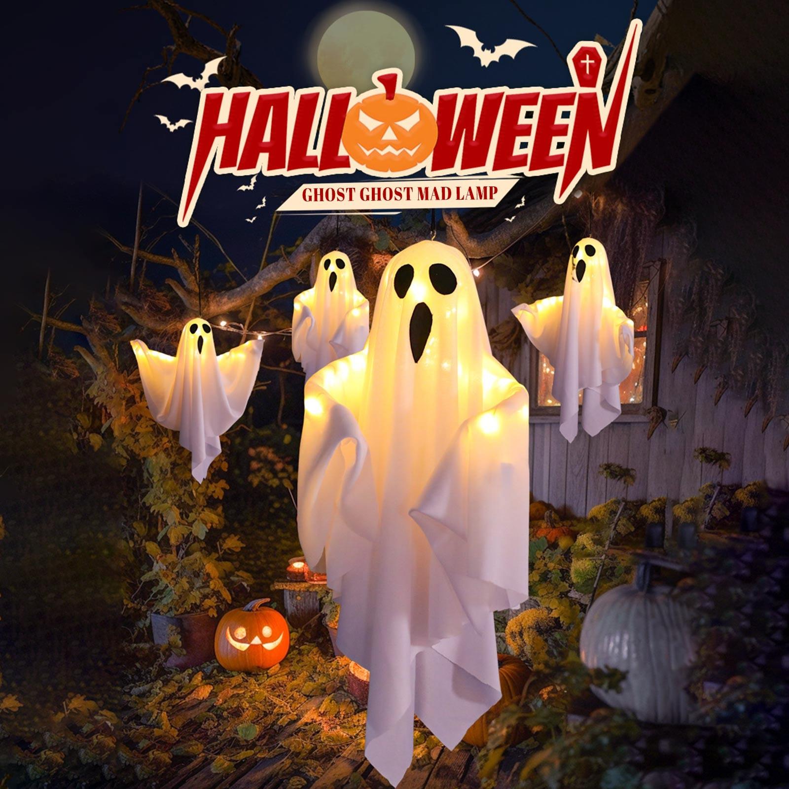 Halloween Hängende Geisterdekoration mit LED-Lichtern Batteriebetrieben Geister Hängeornament für Innen Außen Halloween Party 50x40cm One Size weiß