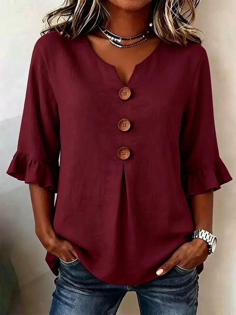 Abito Europeo in Cotone e Lino con Scollo a V, Bottone Grande e Maniche Arricciate per Donna - Collezione Primavera/Estate 2026