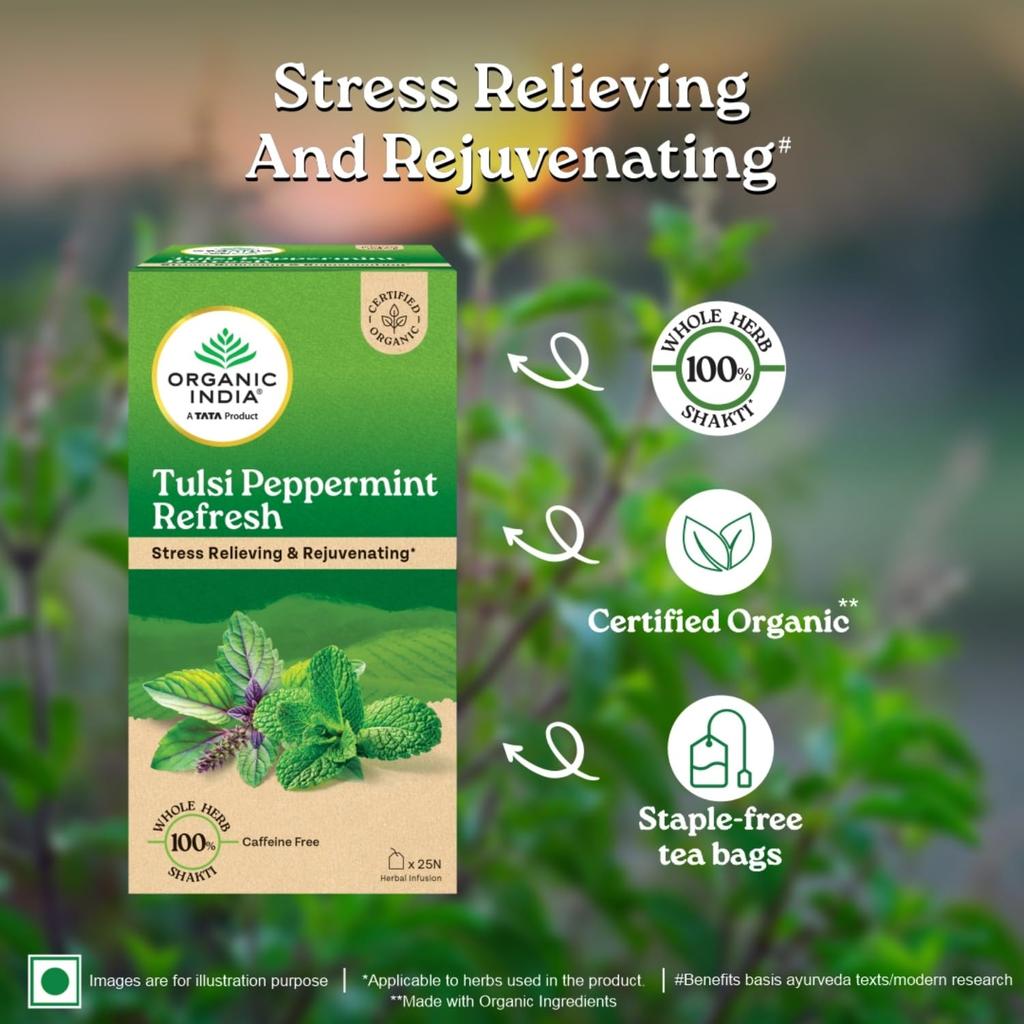 Organic India Tulsi Peppermint Refresh Tea Bags 25  | Stress Relieving & Rejuvenating Herbal Tea