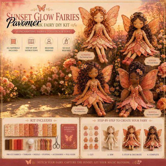Künstlerische Heimdeko Bastelset Magische Fee Patchwork, DIY Blumenstoff Nähen Dekoratives Figuren-Set 4-flügelige Puppen, für Anfänger,
